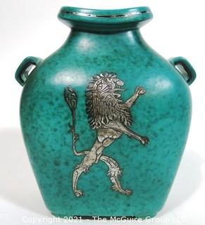 Gustavsberg Argenta Stoneware Pottery Vase Designed by Wilhelm Kage with Silver Lion on Jade Green Base. Measures approximately 8" tall.  Damage to bottom of vase.