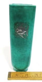 Gustavsberg Argenta Stoneware Pottery Vase Designed by Wilhelm Kage with Silver Fish on Jade Green Base. Measures approximately 7" tall.