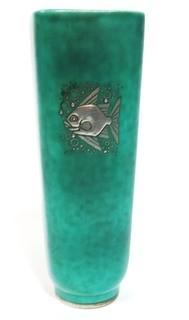 Gustavsberg Argenta Stoneware Pottery Vase Designed by Wilhelm Kage with Silver Fish on Jade Green Base. Measures approximately 7" tall.