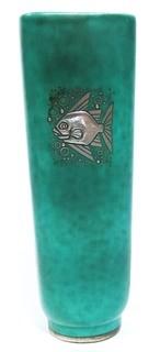 Gustavsberg Argenta Stoneware Pottery Vase Designed by Wilhelm Kage with Silver Fish on Jade Green Base. Measures approximately 7" tall.