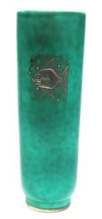 Gustavsberg Argenta Stoneware Pottery Vase Designed by Wilhelm Kage with Silver Fish on Jade Green Base. Measures approximately 7" tall.