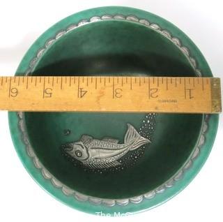 Gustavsberg Argenta Stoneware Pottery Bowl Designed by Wilhelm Kage with Silver Fish on Jade Green Base. Measures approximately 6" in diameter.