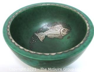 Gustavsberg Argenta Stoneware Pottery Bowl Designed by Wilhelm Kage with Silver Fish on Jade Green Base. Measures approximately 6" in diameter.