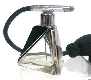 Karel Palda Bohemian Czech Art Deco Clear Cut Glass With Black Accents Decanter or Perfume Bottle with Atomizer.