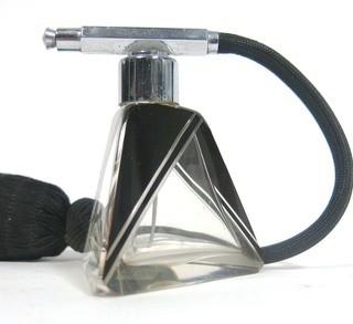 Karel Palda Bohemian Czech Art Deco Clear Cut Glass With Black Accents Decanter or Perfume Bottle with Atomizer.