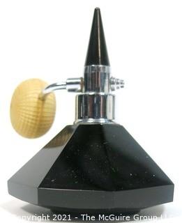 Czech Art Deco Black Cut Glass Perfume Bottle with Atomizer.