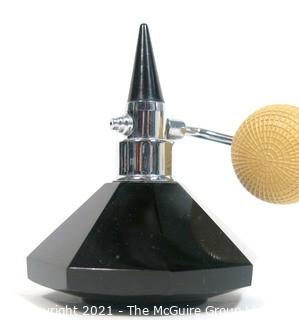 Czech Art Deco Black Cut Glass Perfume Bottle with Atomizer.