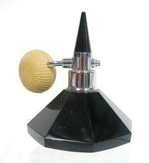 Czech Art Deco Black Cut Glass Perfume Bottle with Atomizer.