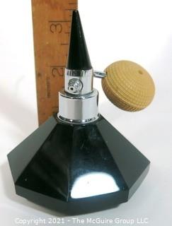 Czech Art Deco Black Cut Glass Perfume Bottle with Atomizer.