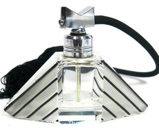 Karel Palda Bohemian Czech Art Deco Clear Cut Glass With Black Accents Perfume Bottle with Atomizer.