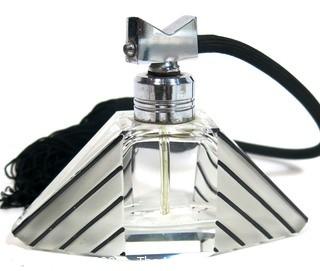 Karel Palda Bohemian Czech Art Deco Clear Cut Glass With Black Accents Perfume Bottle with Atomizer.