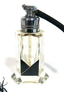 Karel Palda Bohemian Czech Art Deco Clear Cut Glass With Black Accents Perfume Bottle with Atomizer.