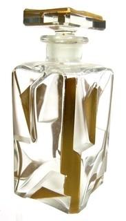 Bohemian Czech Art Deco Clear Cut Glass With Gold Gilt Accents Decanter or Perfume Bottle with Dobber.