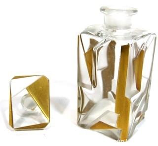 Bohemian Czech Art Deco Clear Cut Glass With Gold Gilt Accents Decanter or Perfume Bottle with Dobber.