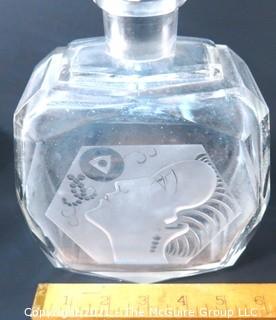 Art Deco Czech Clear Cut Glass With Frosted Design Decanter Bottle with Stopper.