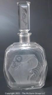 Art Deco Czech Clear Cut Glass With Frosted Design Decanter Bottle with Stopper.