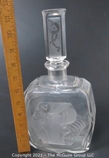 Art Deco Czech Clear Cut Glass With Frosted Design Decanter Bottle with Stopper.