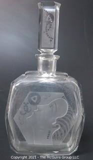 Art Deco Czech Clear Cut Glass With Frosted Design Decanter Bottle with Stopper.