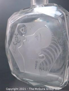 Art Deco Czech Clear Cut Glass With Frosted Design Decanter Bottle with Stopper.