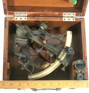 Antique Dutch Sextant Nautical Instrument Made by Kon Ned of Amsterdam (Royal Netherlands Meteorological Institute) in Wood Case with Lens.