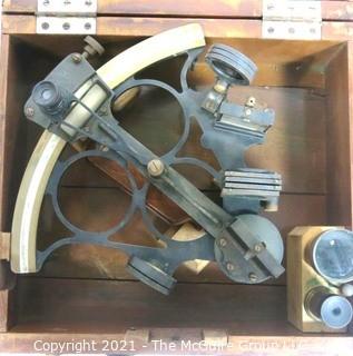 Antique Dutch Sextant Nautical Instrument Made by Kon Ned of Amsterdam (Royal Netherlands Meteorological Institute) in Wood Case with Lens.