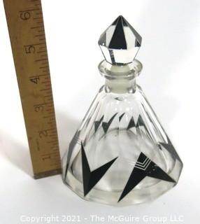 Karel Palda Bohemian Czech Art Deco Clear Cut Glass With Black Accents Decanter or Perfume Bottle with Dobber.