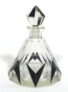 Karel Palda Bohemian Czech Art Deco Clear Cut Glass With Black Accents Decanter or Perfume Bottle with Dobber.