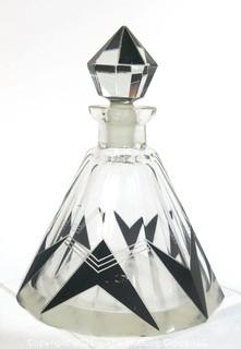 Karel Palda Bohemian Czech Art Deco Clear Cut Glass With Black Accents Decanter or Perfume Bottle with Dobber.