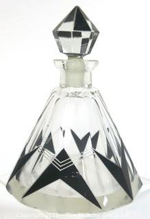 Karel Palda Bohemian Czech Art Deco Clear Cut Glass With Black Accents Decanter or Perfume Bottle with Dobber.