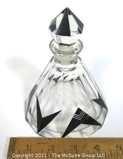 Karel Palda Bohemian Czech Art Deco Clear Cut Glass With Black Accents Decanter or Perfume Bottle with Dobber.