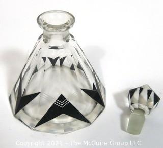 Karel Palda Bohemian Czech Art Deco Clear Cut Glass With Black Accents Decanter or Perfume Bottle with Dobber.