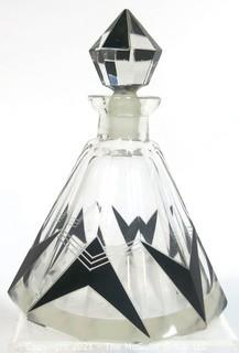 Karel Palda Bohemian Czech Art Deco Clear Cut Glass With Black Accents Decanter or Perfume Bottle with Dobber.