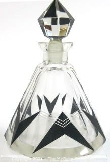 Karel Palda Bohemian Czech Art Deco Clear Cut Glass With Black Accents Decanter or Perfume Bottle with Dobber.