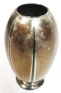 Art Deco German WMF Ikora Bauhaus Metal Vase with Black Enamel Inlaid Stripes. Measures approximately 10" tall.  Some wear to enamel 