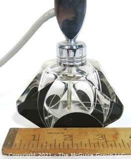 Karel Palda Bohemian Czech Art Deco Clear Cut Glass With Black Accents Perfume Bottle with Atomizer.