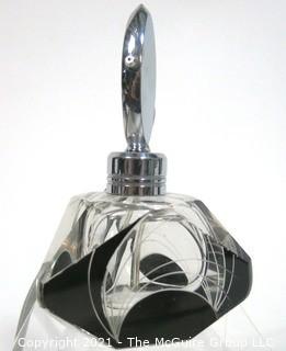 Karel Palda Bohemian Czech Art Deco Clear Cut Glass With Black Accents Perfume Bottle with Atomizer.