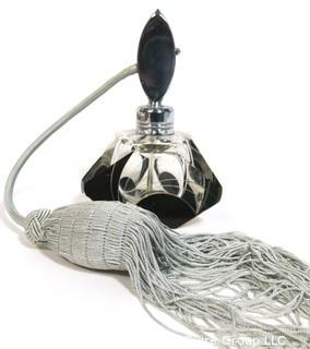 Karel Palda Bohemian Czech Art Deco Clear Cut Glass With Black Accents Perfume Bottle with Atomizer.