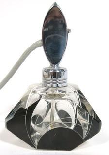 Karel Palda Bohemian Czech Art Deco Clear Cut Glass With Black Accents Perfume Bottle with Atomizer.