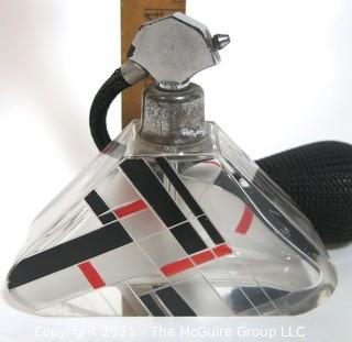 Karel Palda Bohemian Czech Art Deco Clear Cut Glass With Red & Black Accents Perfume Bottle with Atomizer.