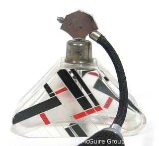 Karel Palda Bohemian Czech Art Deco Clear Cut Glass With Red & Black Accents Perfume Bottle with Atomizer.