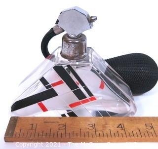 Karel Palda Bohemian Czech Art Deco Clear Cut Glass With Red & Black Accents Perfume Bottle with Atomizer.