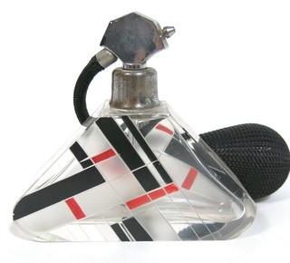 Karel Palda Bohemian Czech Art Deco Clear Cut Glass With Red & Black Accents Perfume Bottle with Atomizer.