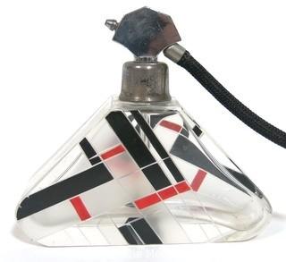 Karel Palda Bohemian Czech Art Deco Clear Cut Glass With Red & Black Accents Perfume Bottle with Atomizer.