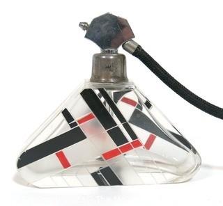 Karel Palda Bohemian Czech Art Deco Clear Cut Glass With Red & Black Accents Perfume Bottle with Atomizer.