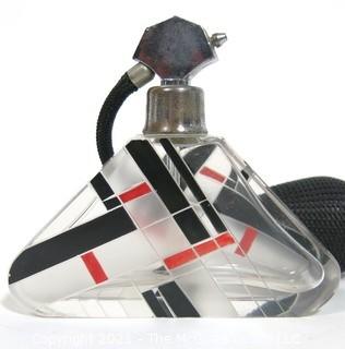 Karel Palda Bohemian Czech Art Deco Clear Cut Glass With Red & Black Accents Perfume Bottle with Atomizer.