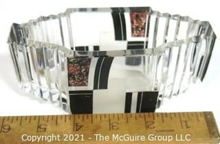 Karel Palda Bohemian Czech Art Deco Clear Cut Glass With Black & Gold Accents Vanity Dish or Bowl.