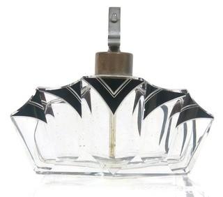 Karel Palda Bohemian Czech Art Deco Clear Cut Glass With Black Accents Perfume Bottle with Atomizer.