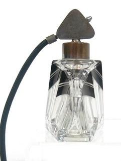 Karel Palda Bohemian Czech Art Deco Clear Cut Glass With Black Accents Perfume Bottle with Atomizer.