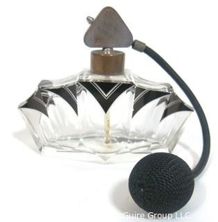 Karel Palda Bohemian Czech Art Deco Clear Cut Glass With Black Accents Perfume Bottle with Atomizer.