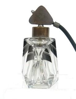 Karel Palda Bohemian Czech Art Deco Clear Cut Glass With Black Accents Perfume Bottle with Atomizer.